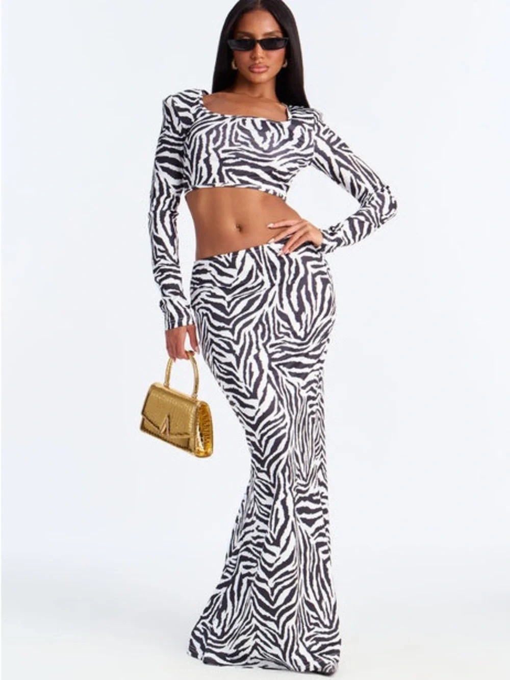 Fashion Nova Black & White Zebra Print Two-Piece Skirt Set